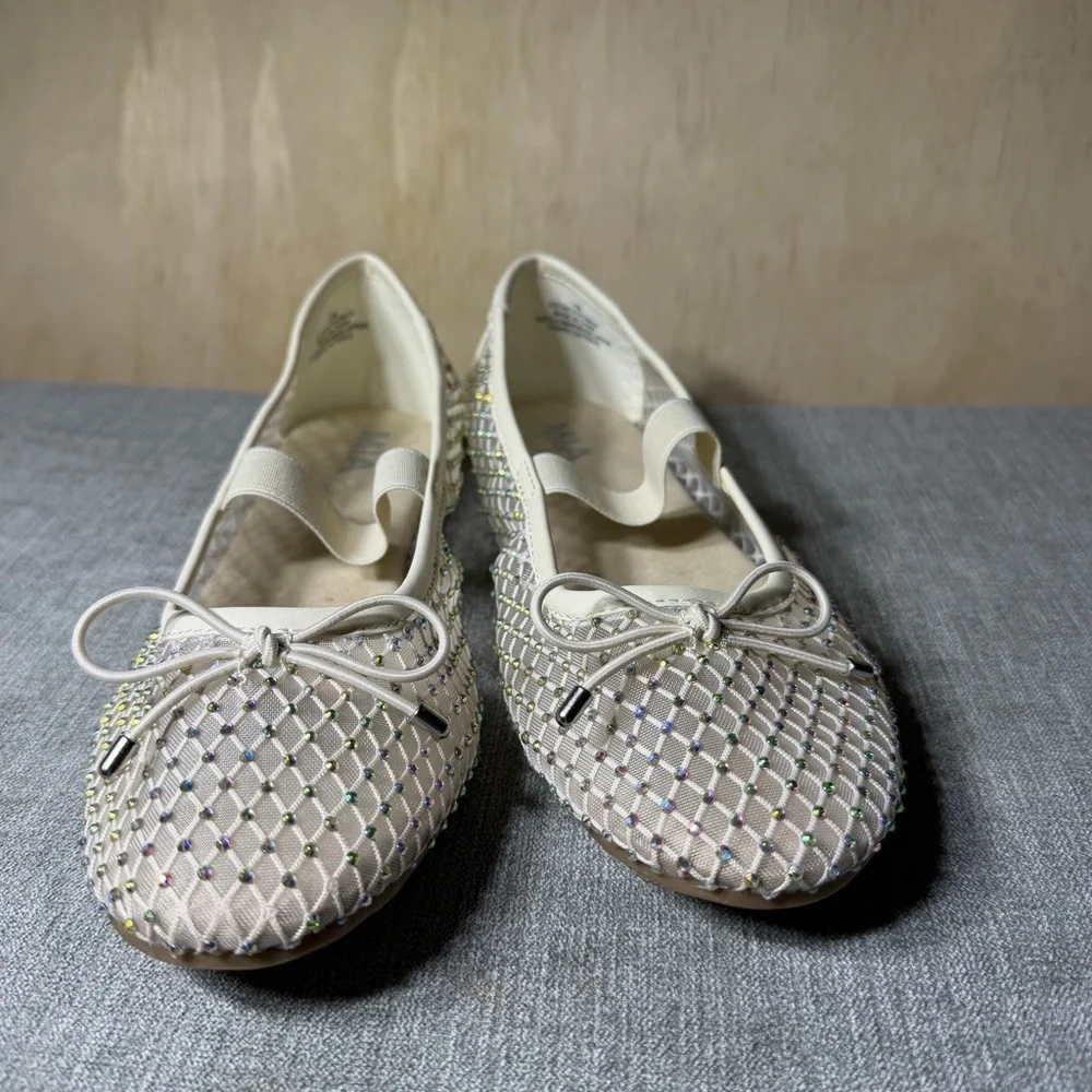 MIA Women’s Mesh Rhinestone Ballet Unica Flats Cream Size 7.5 | Slip-On Shoes‎